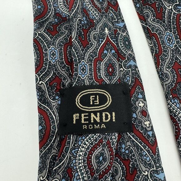Fendi-Roma Vintage Silk Neck Tie-Paisley Print-Made in Italy Red Blue - Picture 1 of 4